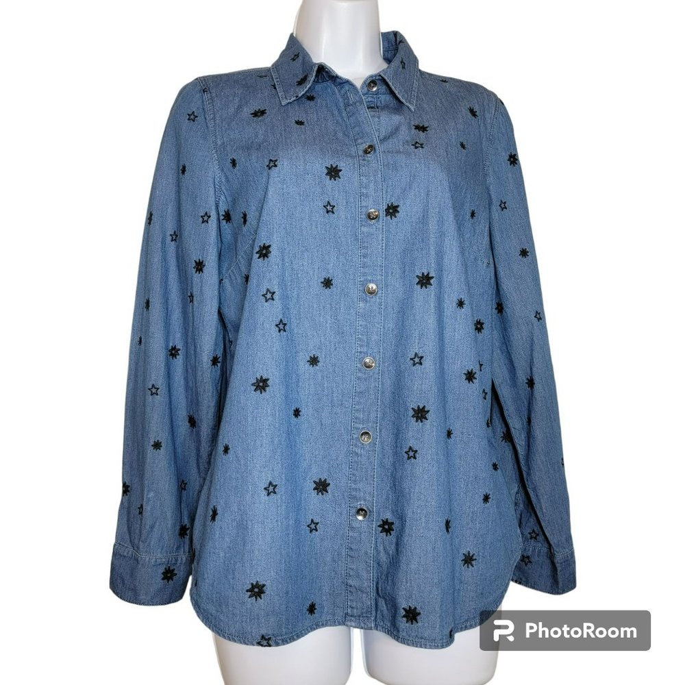 Coldwater Creek Top, Women S, Blue Denim w/Embroidered Stars, Button Down